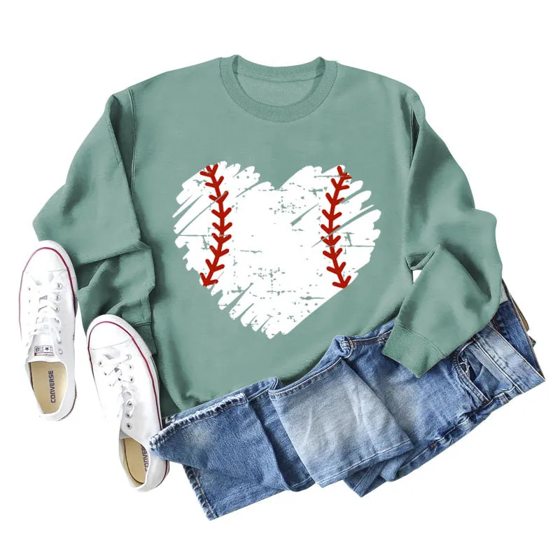 Love Baseball Print Round Neck Large Casual Long Sleeve Women's Sweater