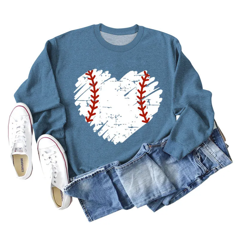 Love Baseball Print Round Neck Large Casual Long Sleeve Women's Sweater