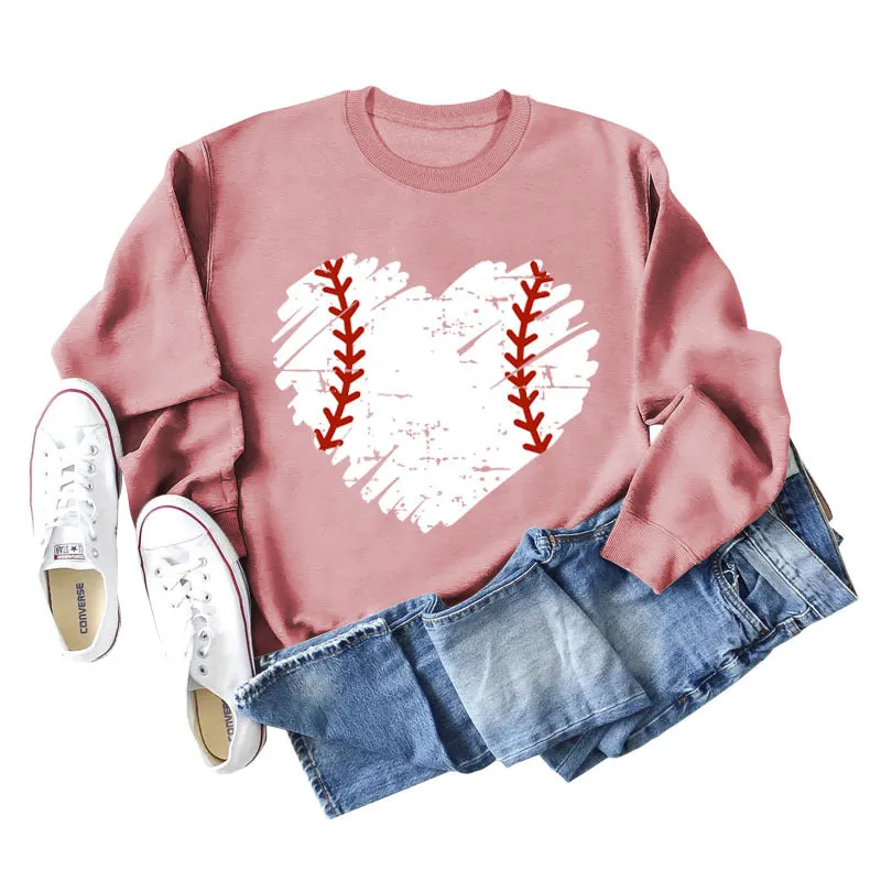 Love Baseball Print Round Neck Large Casual Long Sleeve Women's Sweater