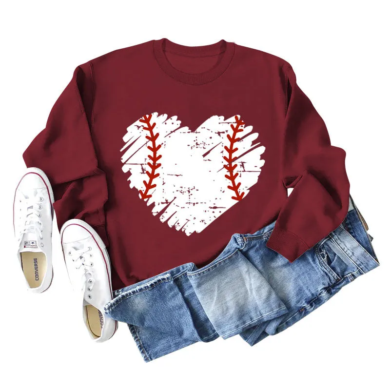 Love Baseball Print Round Neck Large Casual Long Sleeve Women's Sweater