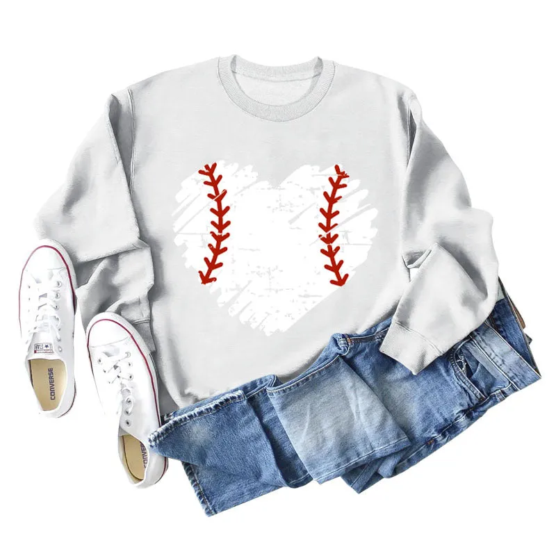 Love Baseball Print Round Neck Large Casual Long Sleeve Women's Sweater