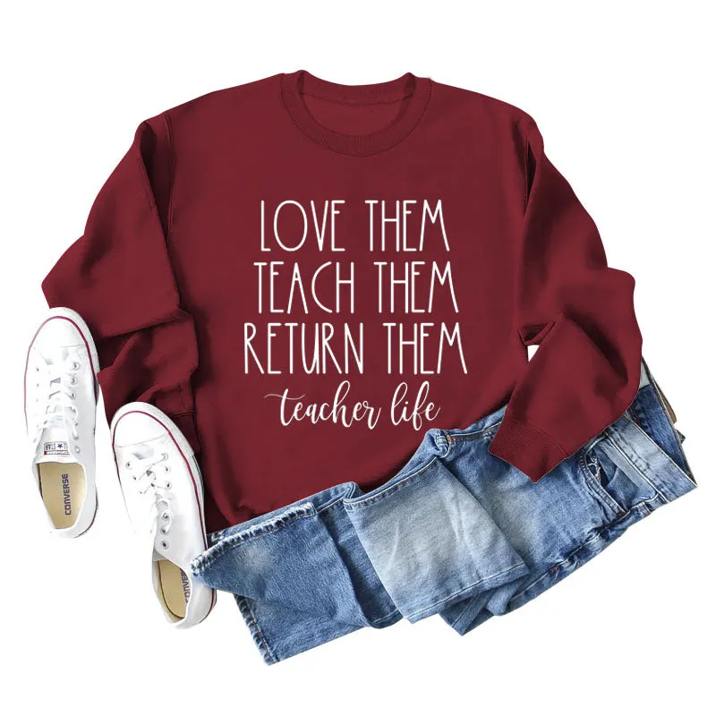 Love The Teach Letter Loose Round Neck Autumn and Winter Long Sleeve Large Size Sweater for Women