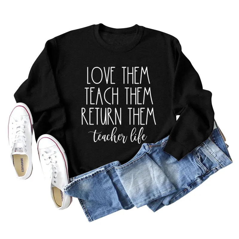 Love The Teach Letter Loose Round Neck Autumn and Winter Long Sleeve Large Size Sweater for Women