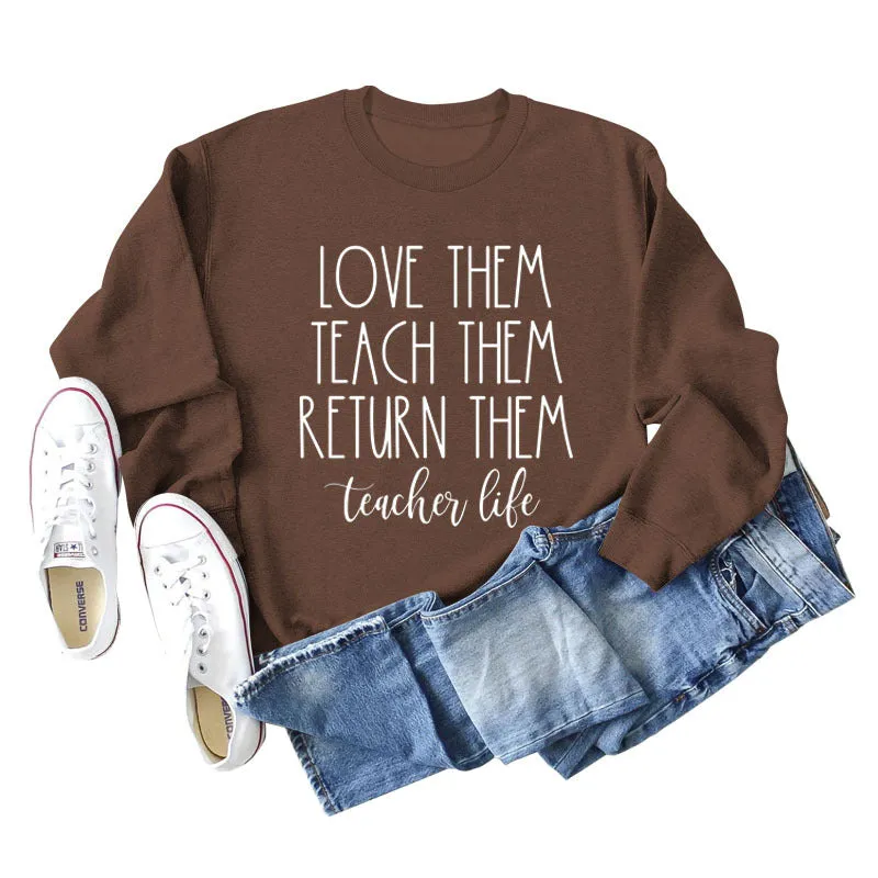 Love The Teach Letter Loose Round Neck Autumn and Winter Long Sleeve Large Size Sweater for Women