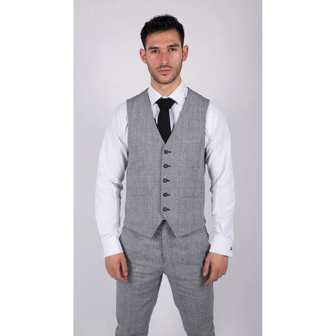 Mens 3 Piece Summer Suit Grey Check Blue Black Tailored Fit Classic Wedding Formal