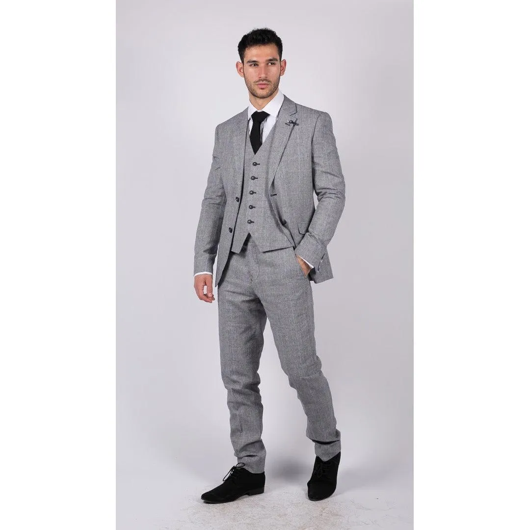 Mens 3 Piece Summer Suit Grey Check Blue Black Tailored Fit Classic Wedding Formal