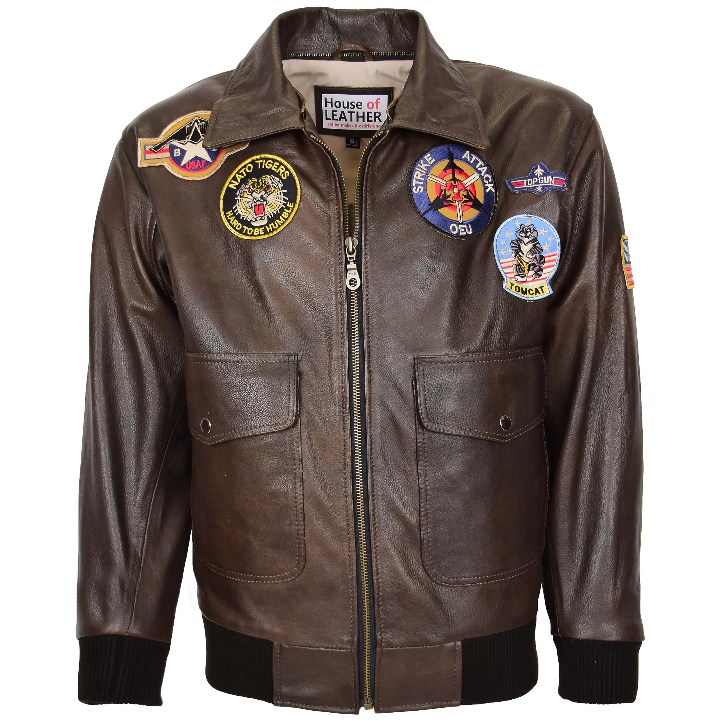 Mens Bomber Leather Jacket Air Force Style Lester Brown