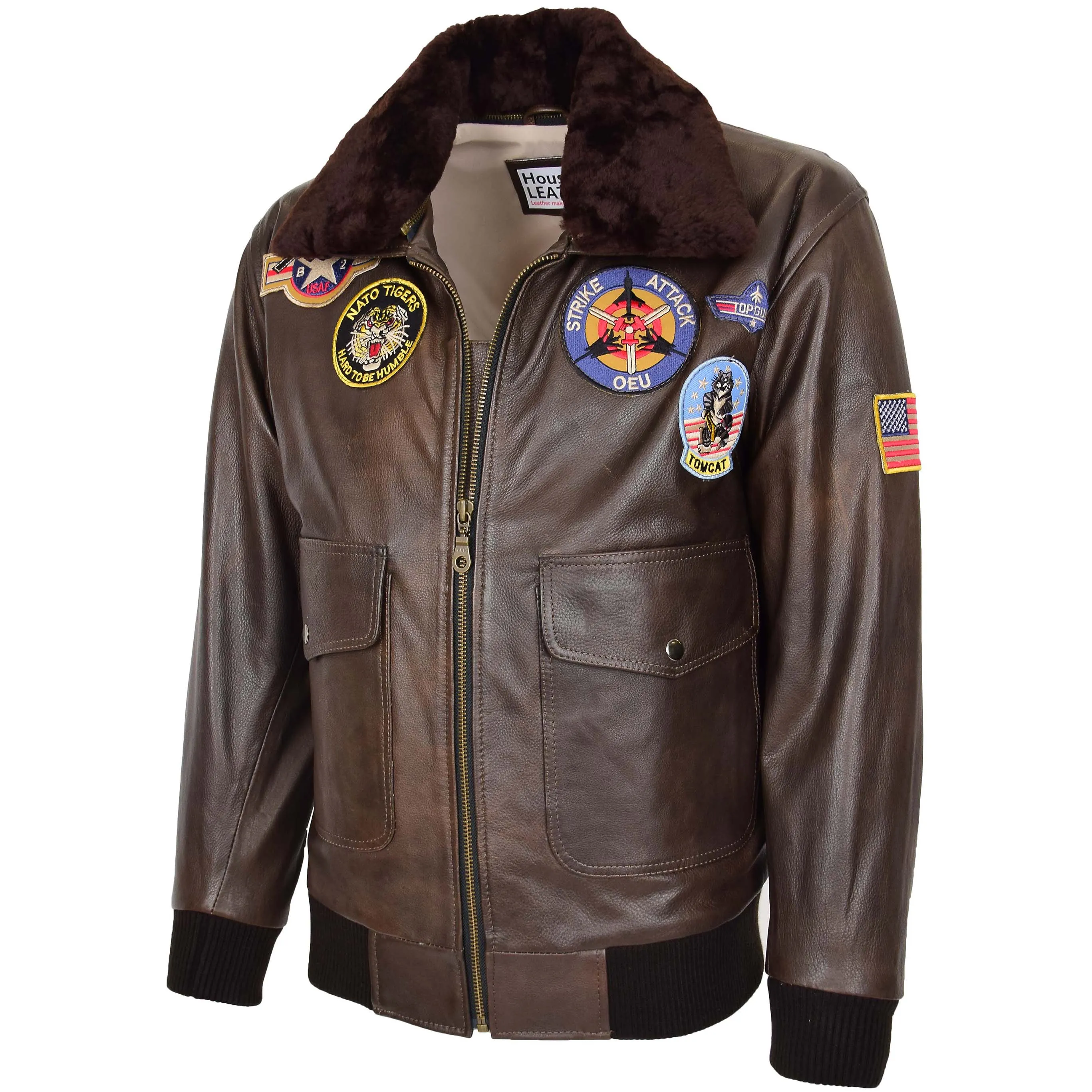 Mens Bomber Leather Jacket Air Force Style Lester Brown