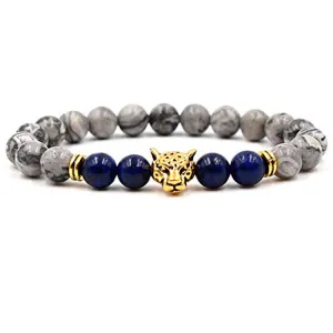 Men's Women's Beaded Bracelet | Handmade 8mm Grey Stone Beaded Stretchy Bracelet with Leopard Detail