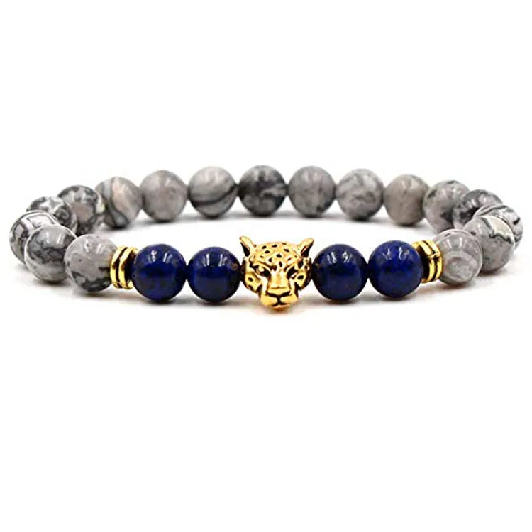 Men's Women's Beaded Bracelet | Handmade 8mm Grey Stone Beaded Stretchy Bracelet with Leopard Detail