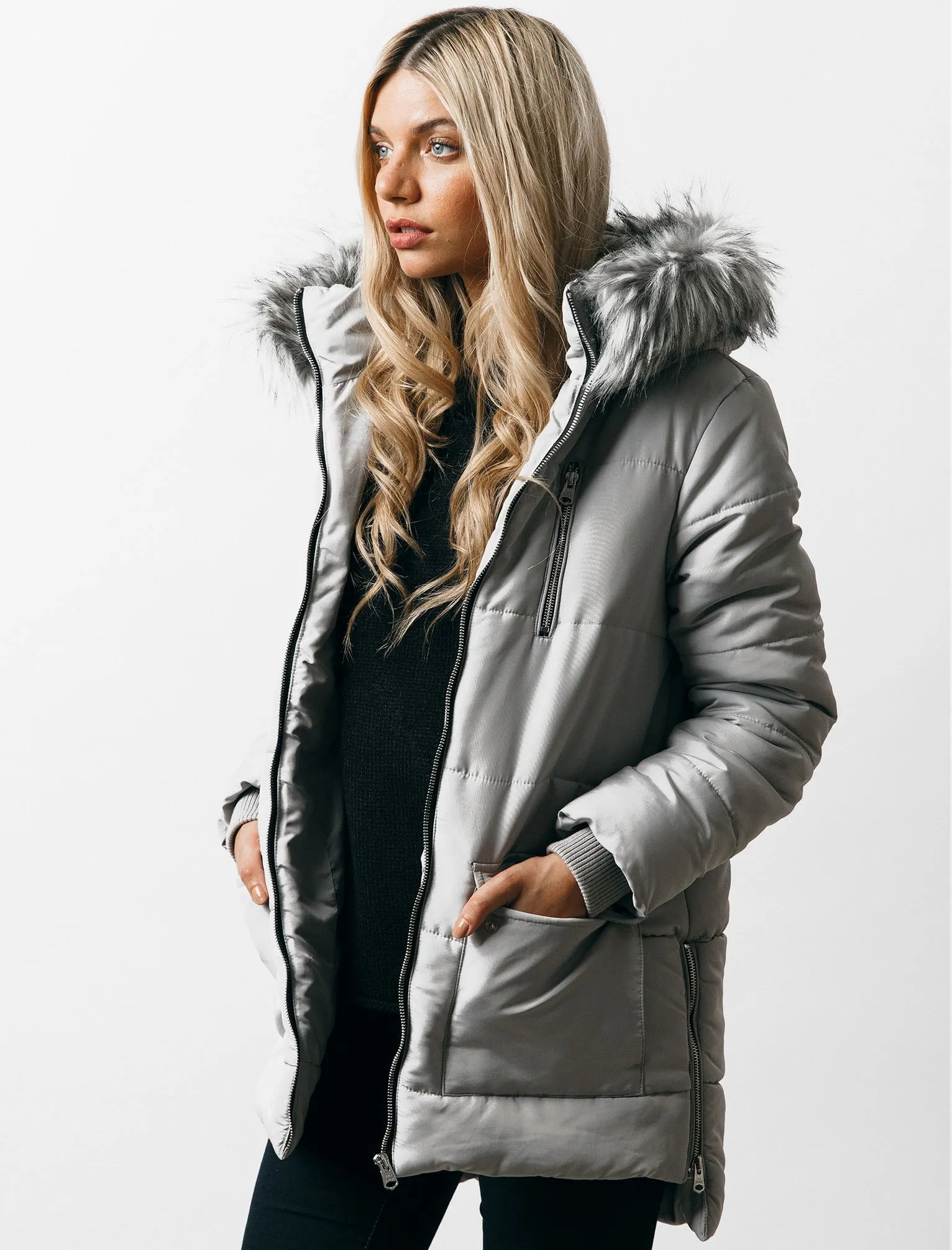 Oqena Quilted Parka Coat with Detachable Fur Trim Hood in Silver Sconce - Tokyo Laundry