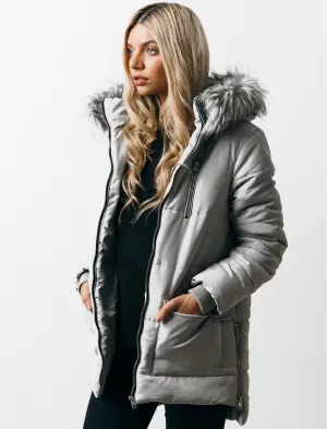 Oqena Quilted Parka Coat with Detachable Fur Trim Hood in Silver Sconce - Tokyo Laundry