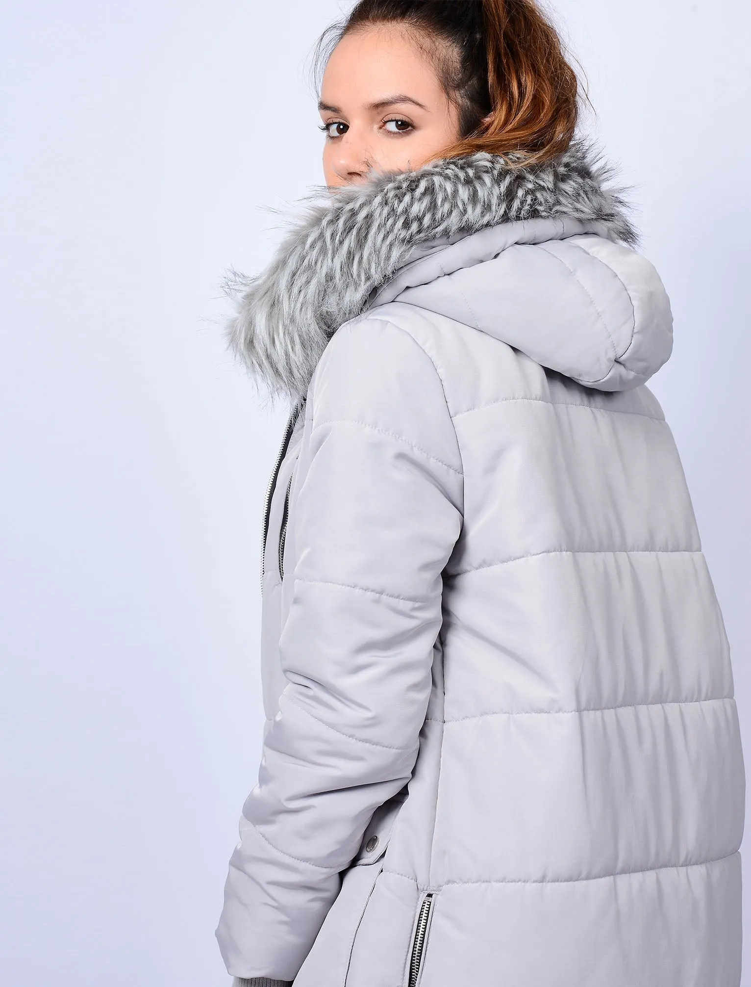 Oqena Quilted Parka Coat with Detachable Fur Trim Hood in Silver Sconce - Tokyo Laundry