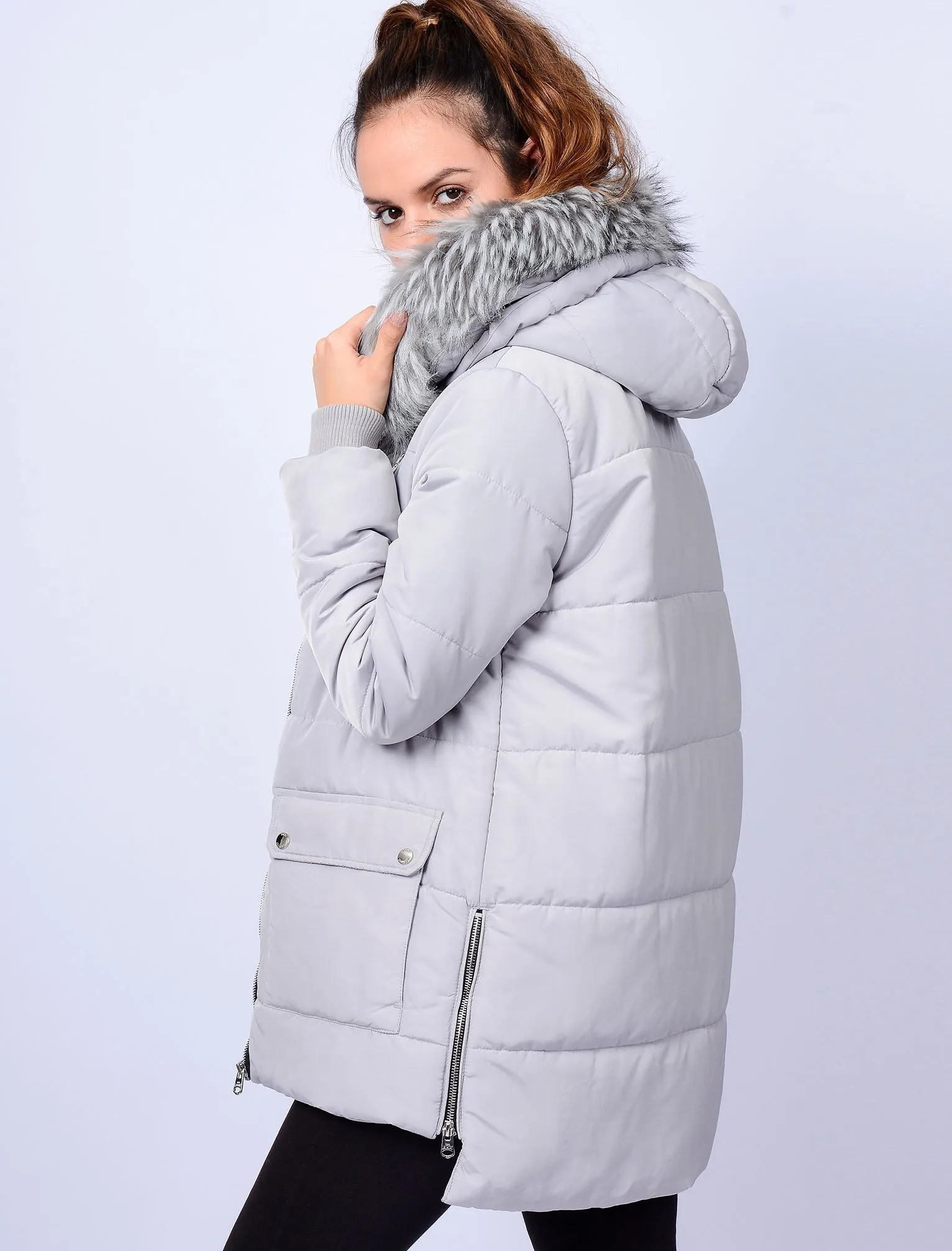 Oqena Quilted Parka Coat with Detachable Fur Trim Hood in Silver Sconce - Tokyo Laundry