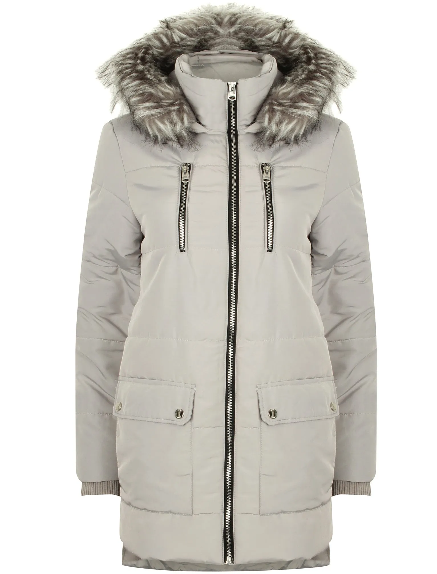 Oqena Quilted Parka Coat with Detachable Fur Trim Hood in Silver Sconce - Tokyo Laundry