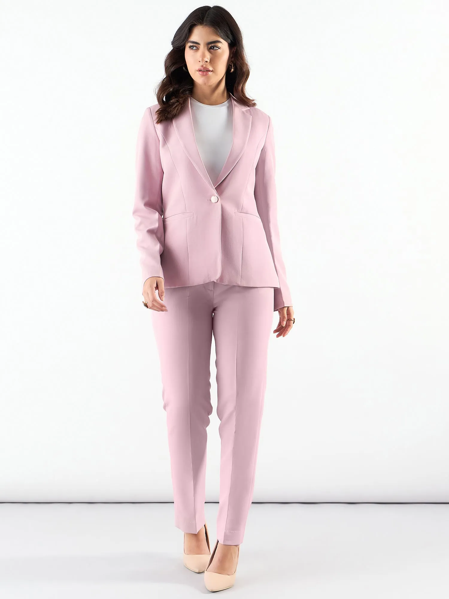 Pink Notched Lapel Single Breasted Blazer With Trouser In Stretchable Fabric