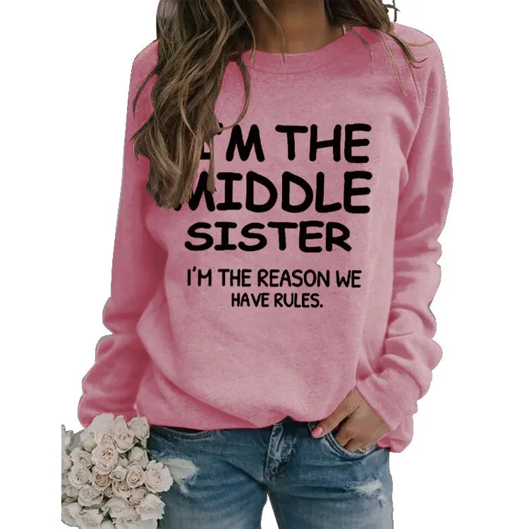 Round Neck Letter Women's Long Sleeve I'M THE MIDDLE Print Loose Sweatshirt