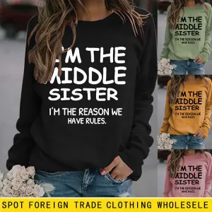 Round Neck Letter Women's Long Sleeve I'M THE MIDDLE Print Loose Sweatshirt