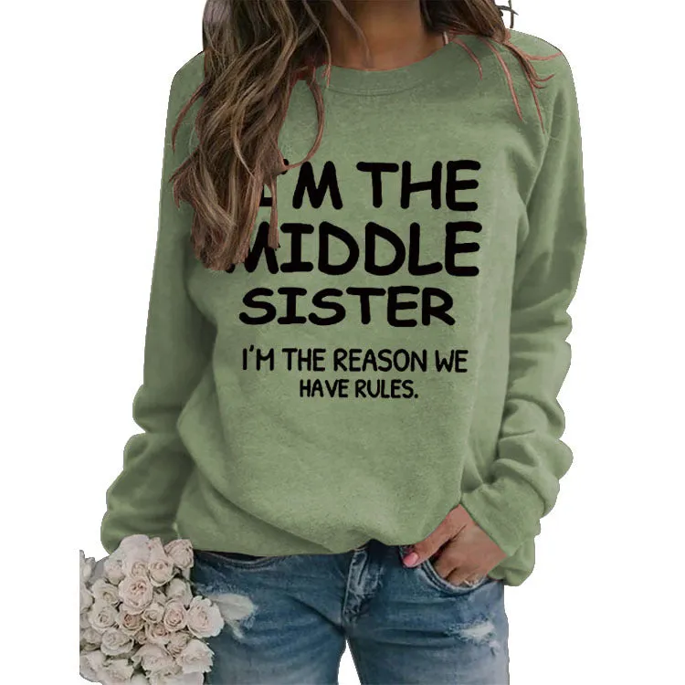 Round Neck Letter Women's Long Sleeve I'M THE MIDDLE Print Loose Sweatshirt