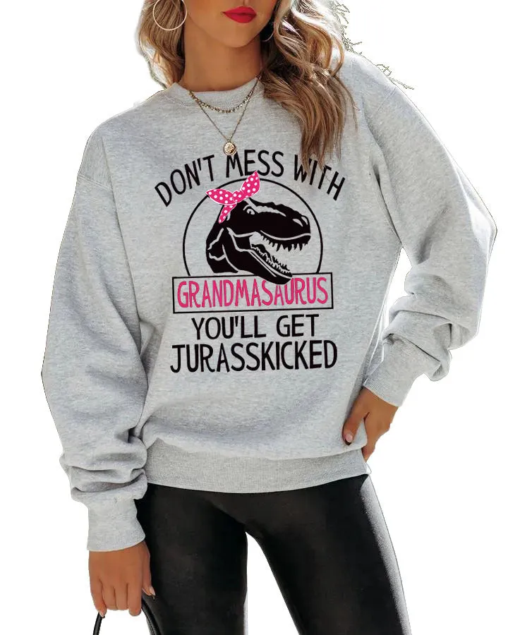 Round Neck Top Long Sleeve DON'T MESS Print Loose Sweatshirt