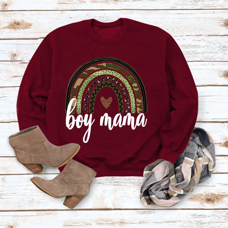 Simple Round Neck Top Long Sleeve Boy Mama Print Loose Sweater