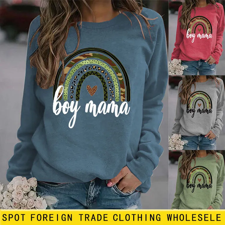 Simple Round Neck Top Long Sleeve Boy Mama Print Loose Sweater