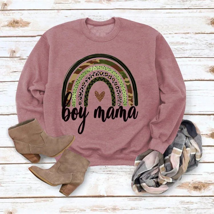 Simple Round Neck Top Long Sleeve Boy Mama Print Loose Sweater