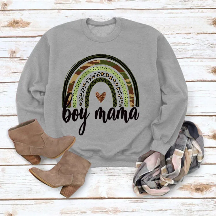 Simple Round Neck Top Long Sleeve Boy Mama Print Loose Sweater