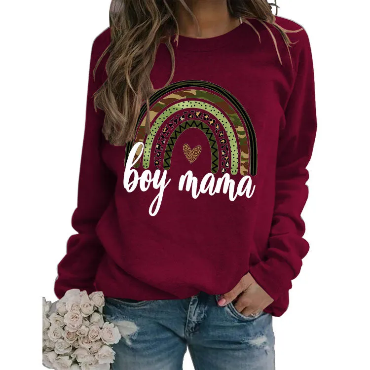 Simple Round Neck Top Long Sleeve Boy Mama Print Loose Sweater