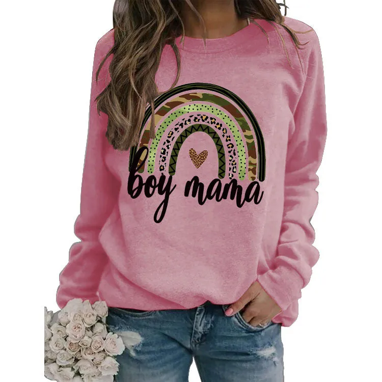 Simple Round Neck Top Long Sleeve Boy Mama Print Loose Sweater