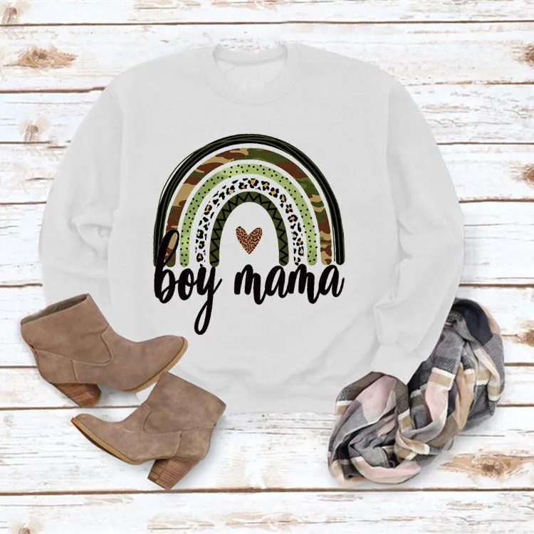 Simple Round Neck Top Long Sleeve Boy Mama Print Loose Sweater