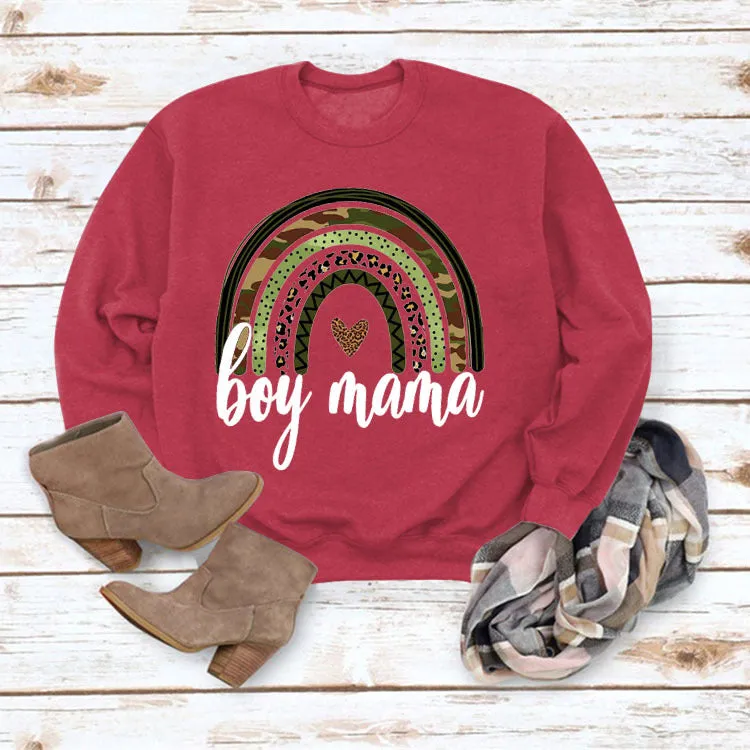 Simple Round Neck Top Long Sleeve Boy Mama Print Loose Sweater