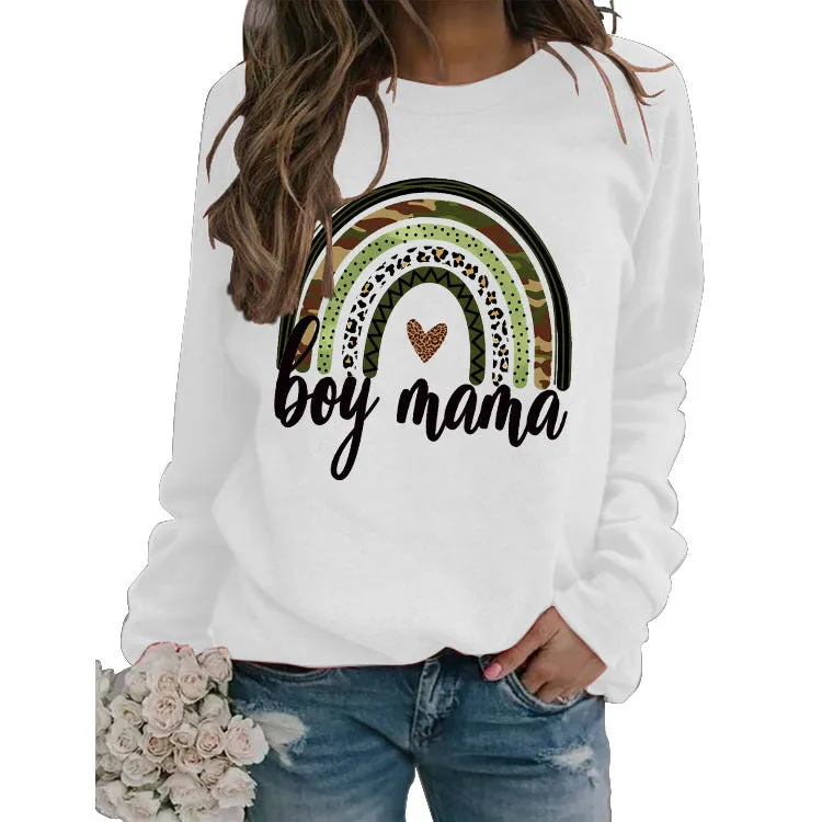 Simple Round Neck Top Long Sleeve Boy Mama Print Loose Sweater