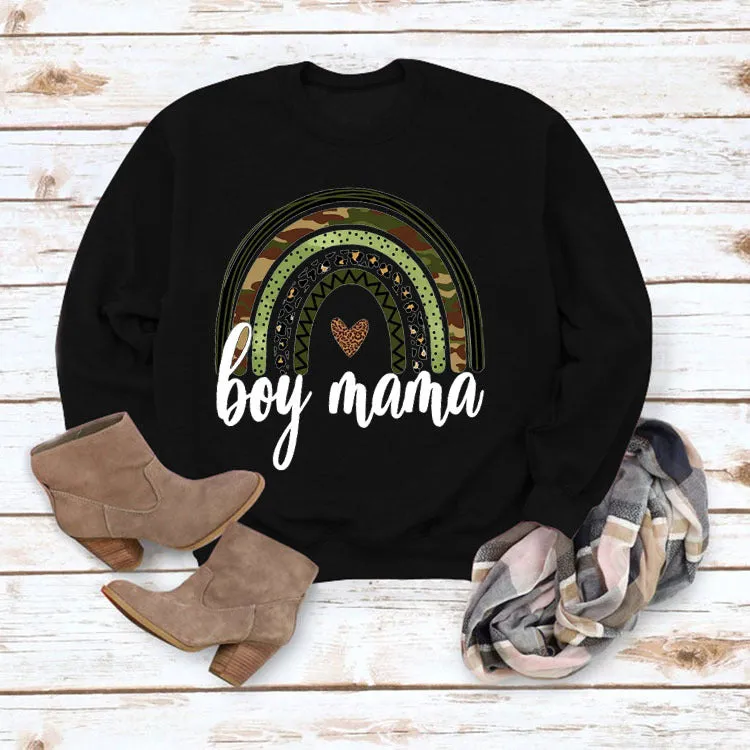 Simple Round Neck Top Long Sleeve Boy Mama Print Loose Sweater