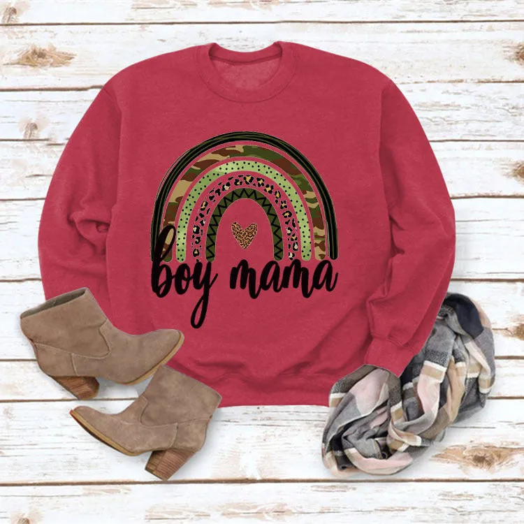 Simple Round Neck Top Long Sleeve Boy Mama Print Loose Sweater