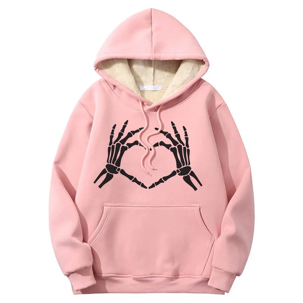 Skull Hand Love Heart Warm Fleece Sherpa Lined Hoodie