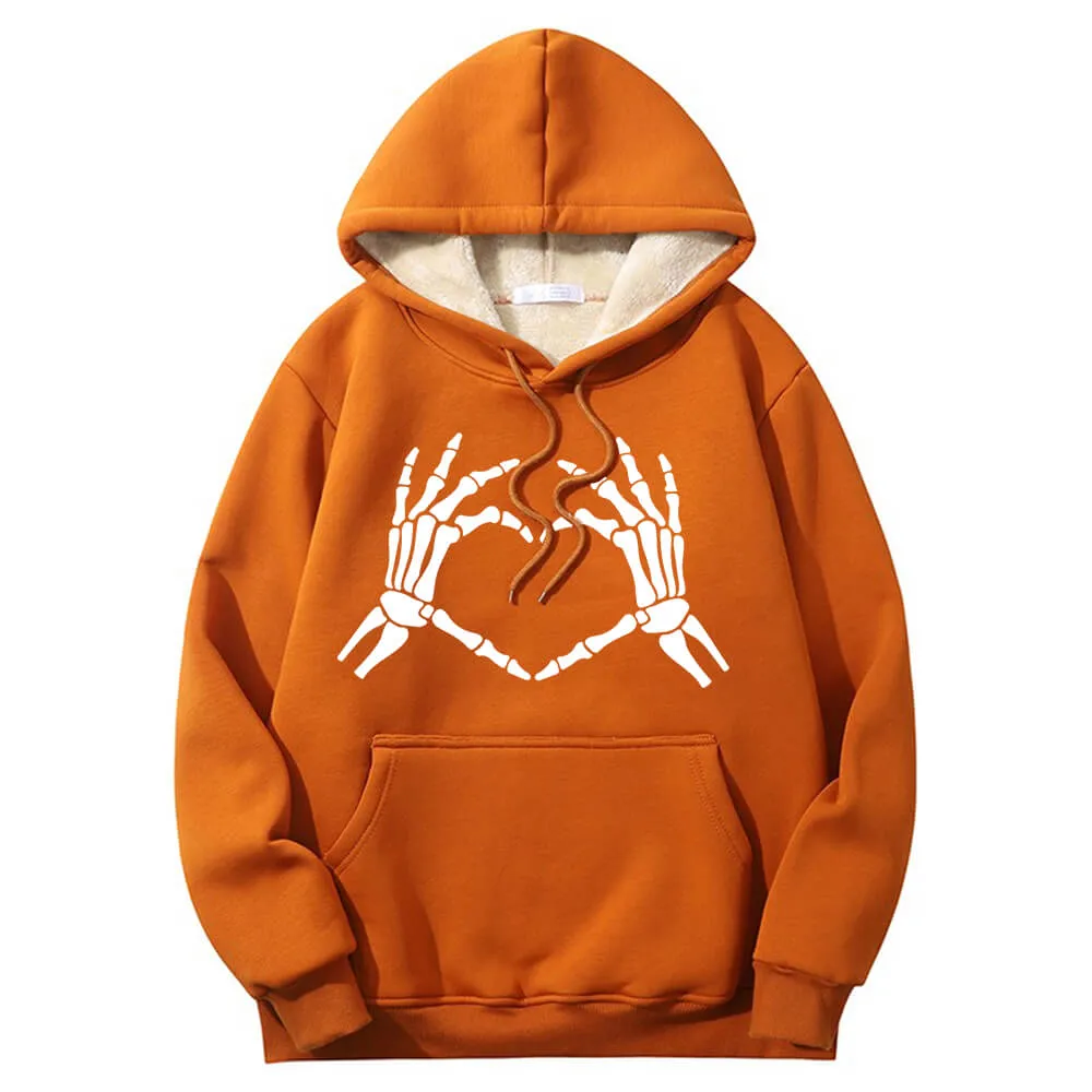 Skull Hand Love Heart Warm Fleece Sherpa Lined Hoodie