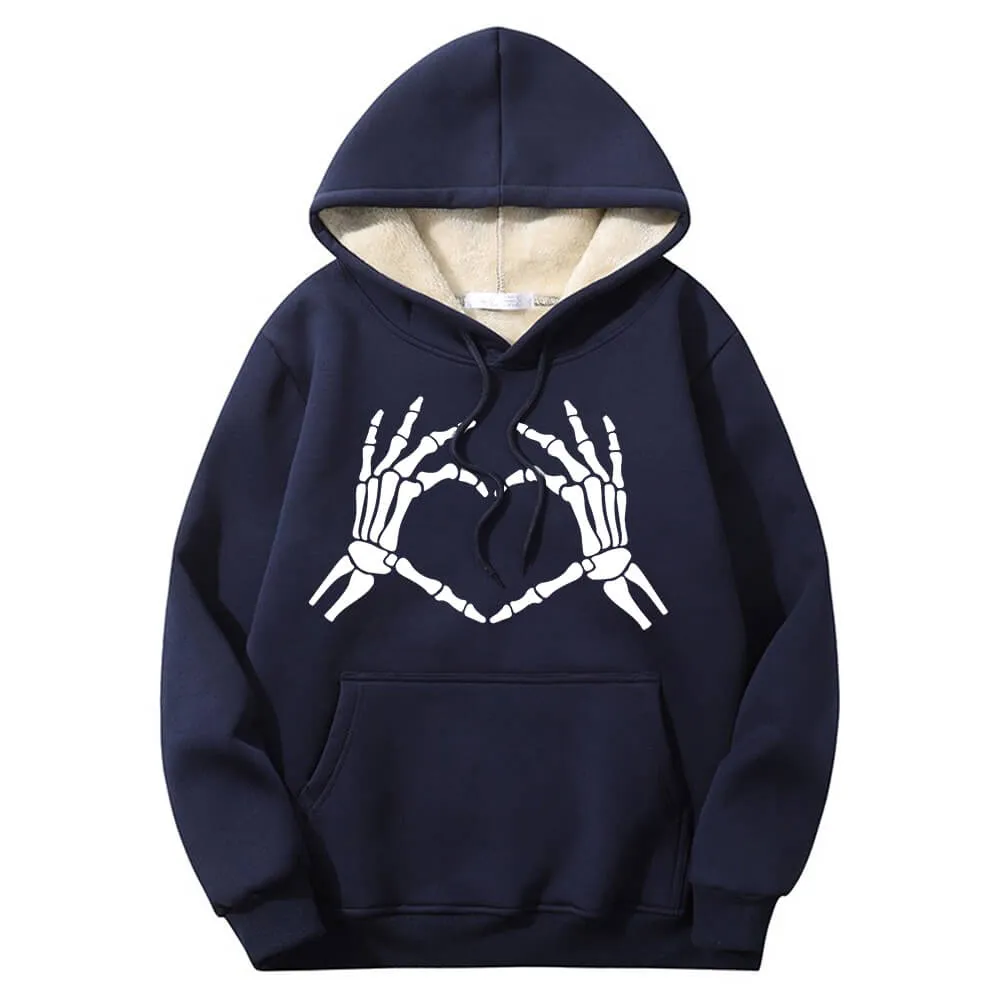 Skull Hand Love Heart Warm Fleece Sherpa Lined Hoodie