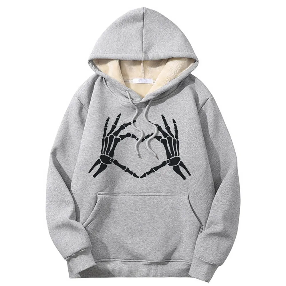 Skull Hand Love Heart Warm Fleece Sherpa Lined Hoodie