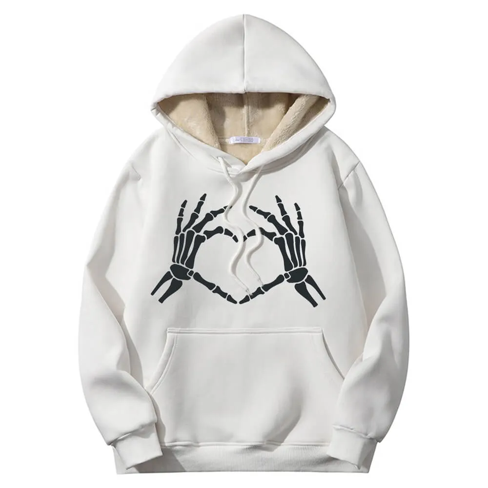 Skull Hand Love Heart Warm Fleece Sherpa Lined Hoodie