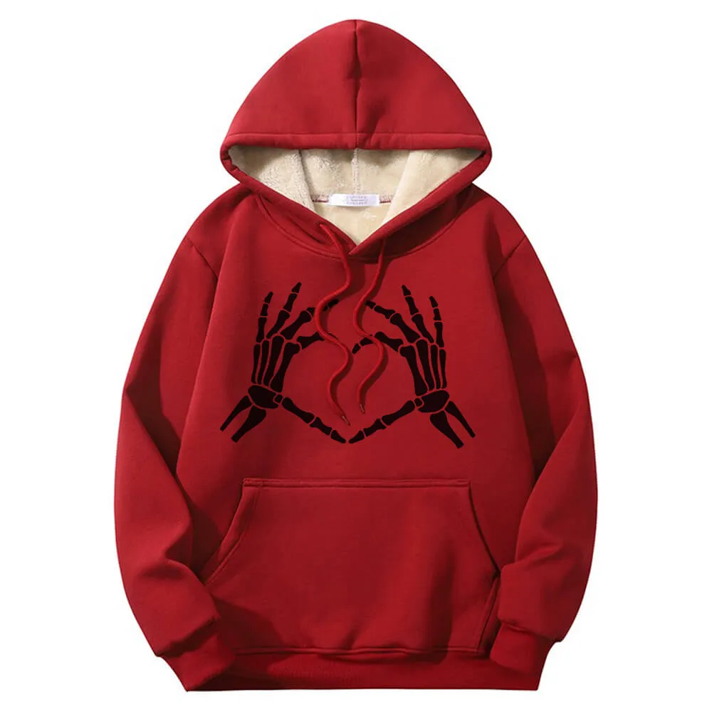 Skull Hand Love Heart Warm Fleece Sherpa Lined Hoodie