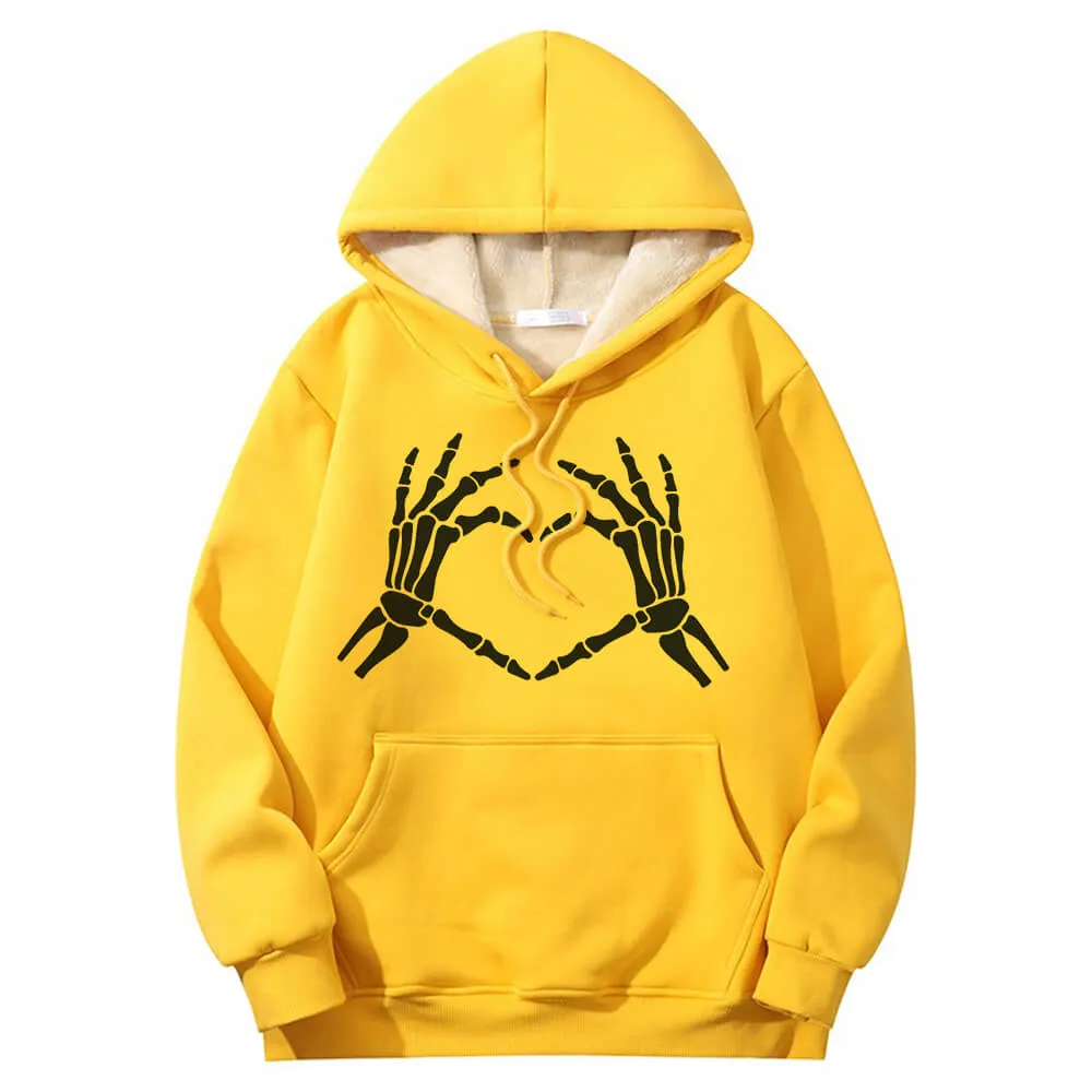 Skull Hand Love Heart Warm Fleece Sherpa Lined Hoodie