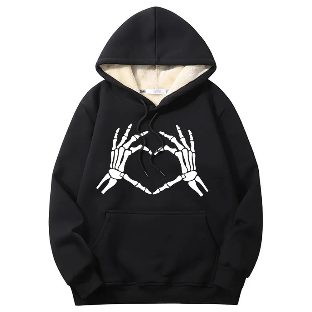 Skull Hand Love Heart Warm Fleece Sherpa Lined Hoodie