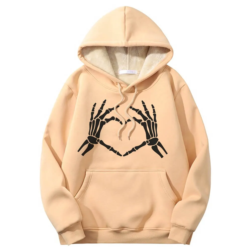 Skull Hand Love Heart Warm Fleece Sherpa Lined Hoodie