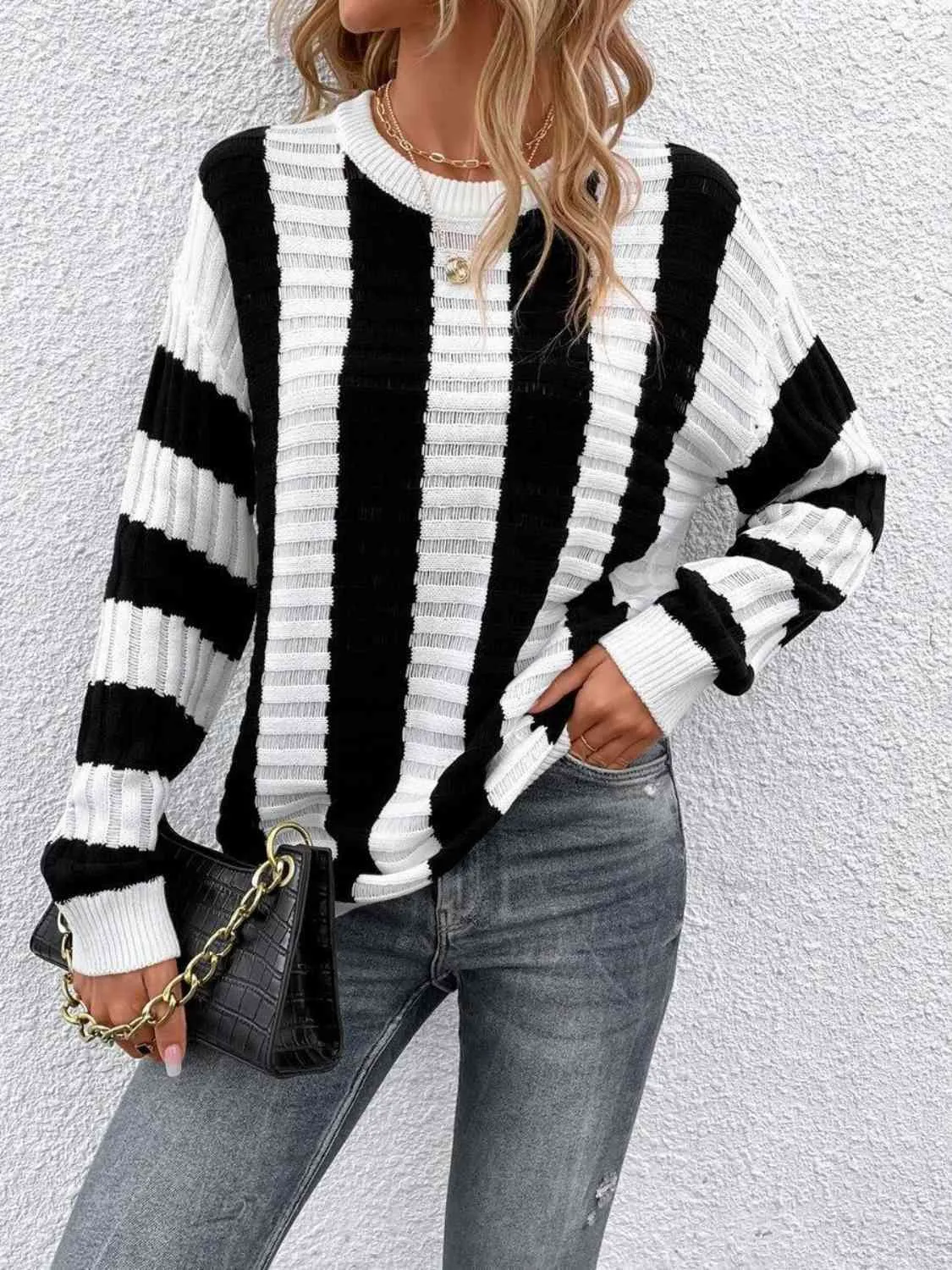 Striped Round Neck Long Sleeve Knit Top