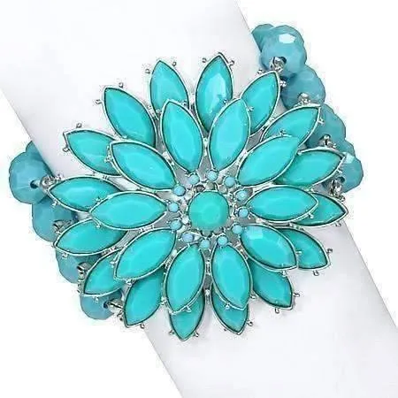 Summer Breeze Turquoise Flower Medallion Beaded Stretchy Bracelet