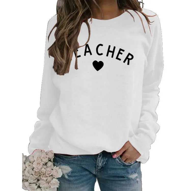 TEACHER Round Neck Womens Long Sleeve Print Letters Loose Sweater