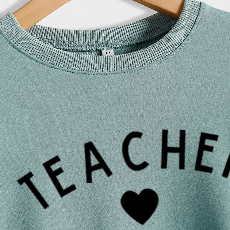 TEACHER Round Neck Womens Long Sleeve Print Letters Loose Sweater