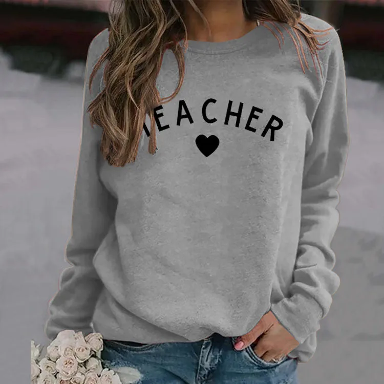 TEACHER Round Neck Womens Long Sleeve Print Letters Loose Sweater