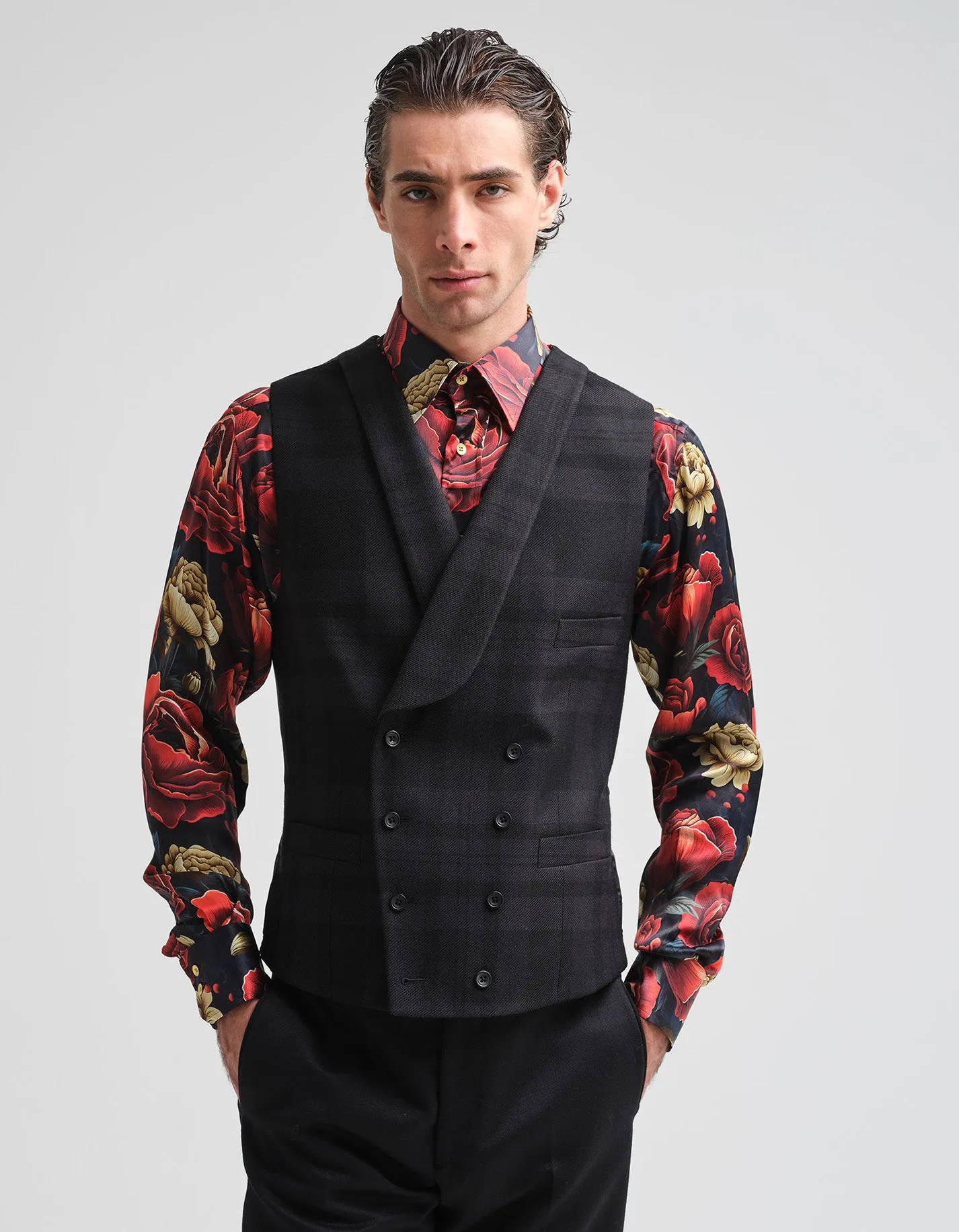 Tonal Black Tartan Waistcoat GOLD